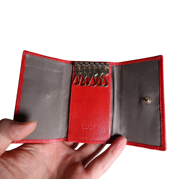 Auth FURLA Key Holder Case Red Leather Tri-fold Snap Button Preppy REFURBISHED - Picture 3 of 7